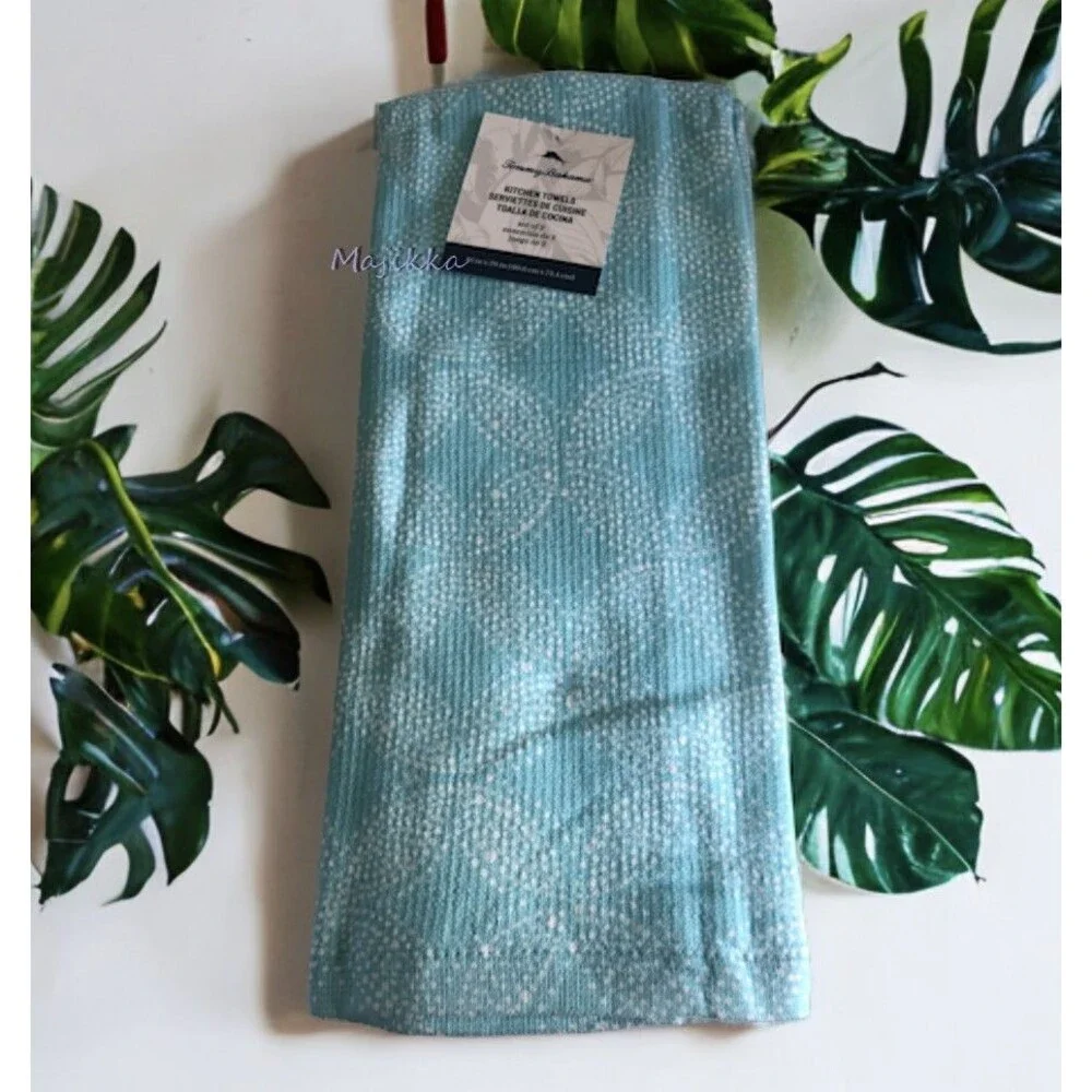 Tommy Bahama Kitchen Dish Towels Beach Summer House Aqua Blue Cotton Set of 2